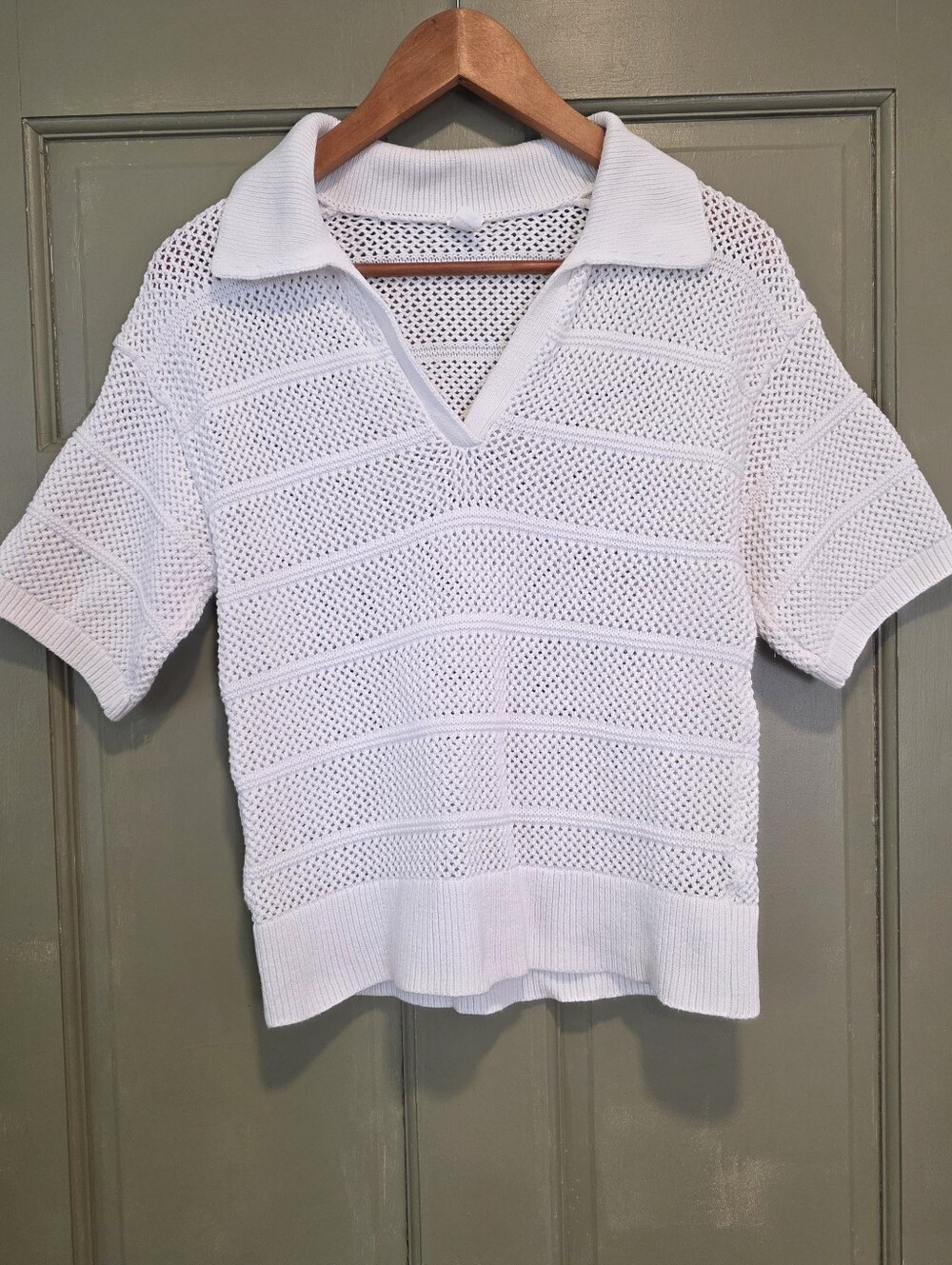 Old Navy Open Stitch Polo Sweater White Knit Crop Top Sea Salt M